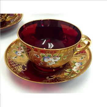 Vintage Gold & Red Glass Tea Set, 14 pce