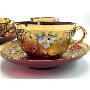Vintage Gold & Red Glass Tea Set, 14 pce