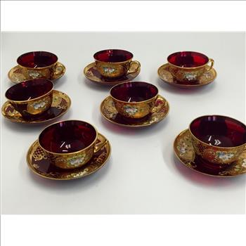 Vintage Gold & Red Glass Tea Set, 14 pce