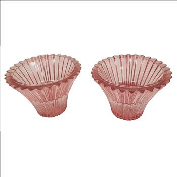 Vintage USA Pair of Ribbed Pink Cut Glass Votives Candle Holders