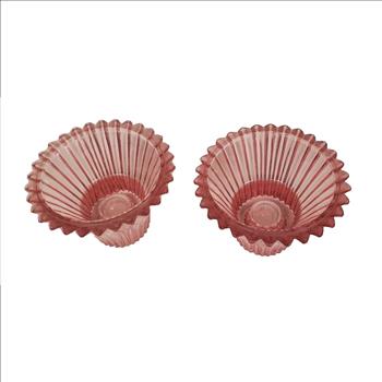 Vintage USA Pair of Ribbed Pink Cut Glass Votives Candle Holders