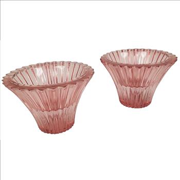 Vintage USA Pair of Ribbed Pink Cut Glass Votives Candle Holders