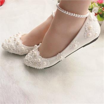 Women's Wedding Shoes Pearl Lace Stiletto Pointed Toe Ankle Strap Bridal Shoes