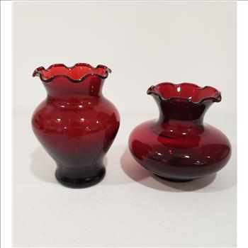 VTG Anchor Hocking Glass Set of 2 Ruby Red Ruffled Vases-Small