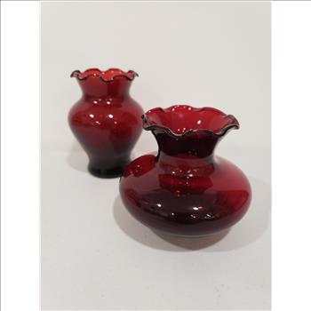 VTG Anchor Hocking Glass Set of 2 Ruby Red Ruffled Vases-Small
