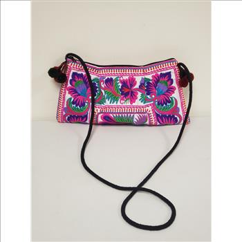 VTG Boho Bold & Vibrant Color Embroidered Floral & Bird Pompoms Decor Fabric Shoulder/Body Bag, Thailand