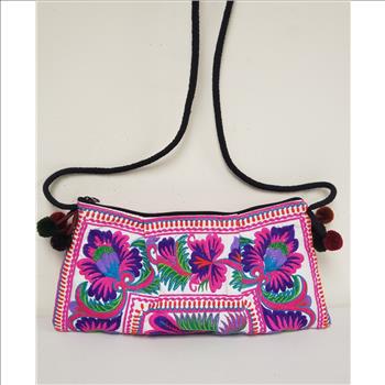 VTG Boho Bold & Vibrant Color Embroidered Floral & Bird Pompoms Decor Fabric Shoulder/Body Bag, Thailand