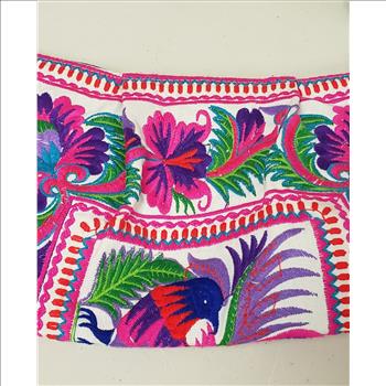 VTG Boho Bold & Vibrant Color Embroidered Floral & Bird Pompoms Decor Fabric Shoulder/Body Bag, Thailand