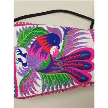 VTG Boho Bold & Vibrant Color Embroidered Floral & Bird Pompoms Decor Fabric Shoulder/Body Bag, Thailand
