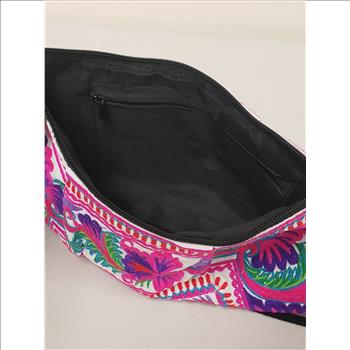 VTG Boho Bold & Vibrant Color Embroidered Floral & Bird Pompoms Decor Fabric Shoulder/Body Bag, Thailand