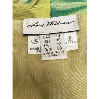 Vintage NWT Lori Weidner Tropical Leaves Print Tie Collar Sleeveless Asymmetric Hem Sheer Lined Women's Maxi Dress, Sz 10-US, Made in Canada