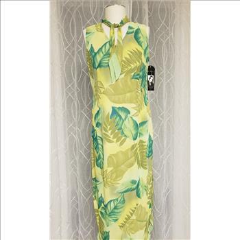 Vintage NWT Lori Weidner Tropical Leaves Print Tie Collar Sleeveless Asymmetric Hem Sheer Lined Women's Maxi Dress, Sz 10-US, Made in Canada