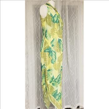 Vintage NWT Lori Weidner Tropical Leaves Print Tie Collar Sleeveless Asymmetric Hem Sheer Lined Women's Maxi Dress, Sz 10-US, Made in Canada