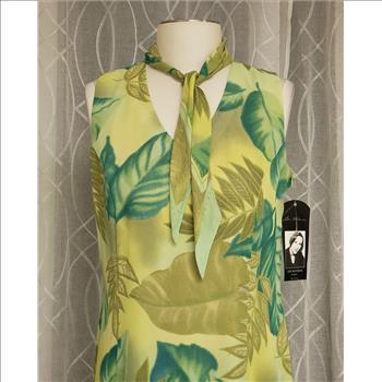 Vintage NWT Lori Weidner Tropical Leaves Print Tie Collar Sleeveless Asymmetric Hem Sheer Lined Women's Maxi Dress, Sz 10-US, Made in Canada
