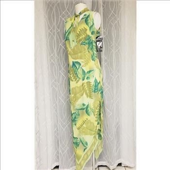 Vintage NWT Lori Weidner Tropical Leaves Print Tie Collar Sleeveless Asymmetric Hem Sheer Lined Women's Maxi Dress, Sz 10-US, Made in Canada