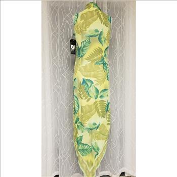 Vintage NWT Lori Weidner Tropical Leaves Print Tie Collar Sleeveless Asymmetric Hem Sheer Lined Women's Maxi Dress, Sz 10-US, Made in Canada
