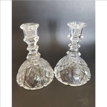 VTG Pair Pinwheel Cut Glass Crystal Candle Holders