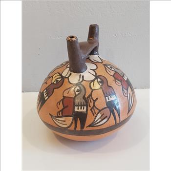 VTG  Hand Painted Ceramic Double Spouted Vessel - Peru