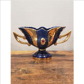 VTG Hand Painted Cobalt Blue Gold Dual Handled Ceramic Decorative Vase-Italy
