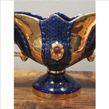 VTG Hand Painted Cobalt Blue Gold Dual Handled Ceramic Decorative Vase-Italy