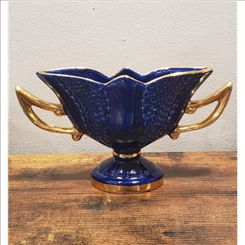VTG Hand Painted Cobalt Blue Gold Dual Handled Ceramic Decorative Vase-Italy