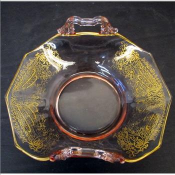 Vintage Pink Depression Glass Candy Dish with Gold Leaf Decorations