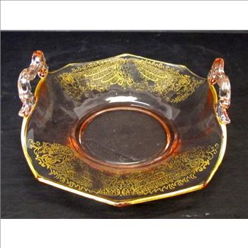 Vintage Pink Depression Glass Candy Dish with Gold Leaf Decorations