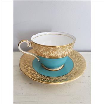 Vintage Ansley England Bone China Turquoise & Gold Teacup and Saucer Set  #113