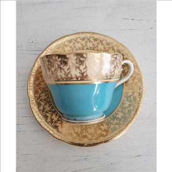 Vintage Ansley England Bone China Turquoise & Gold Teacup and Saucer Set  #113