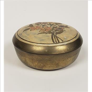 Vintage Solid Brass Enameled Floral Design Cloisonne Lidded Round Trinket Box, India