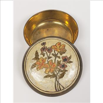 Vintage Solid Brass Enameled Floral Design Cloisonne Lidded Round Trinket Box, India