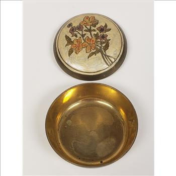 Vintage Solid Brass Enameled Floral Design Cloisonne Lidded Round Trinket Box, India