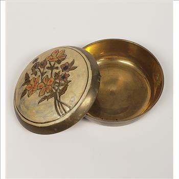 Vintage Solid Brass Enameled Floral Design Cloisonne Lidded Round Trinket Box, India