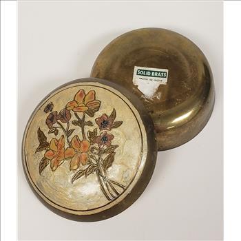 Vintage Solid Brass Enameled Floral Design Cloisonne Lidded Round Trinket Box, India