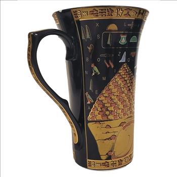 Vintage EDC Egypt Hieroglyphics Ceramic Coffee Mug Black and Gold
