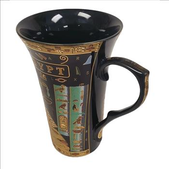Vintage EDC Egypt Hieroglyphics Ceramic Coffee Mug Black and Gold