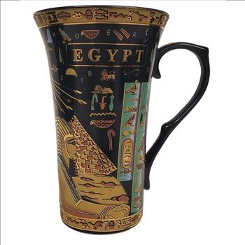 Vintage EDC Egypt Hieroglyphics Ceramic Coffee Mug Black and Gold