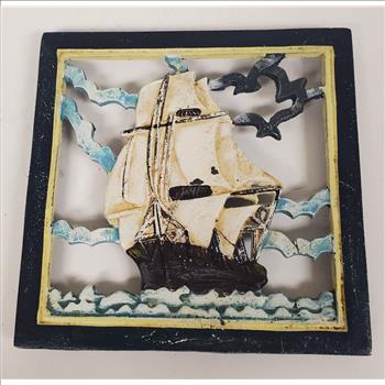 Vintage Hand Painted Nautical Ship Iron Hot Plate 6