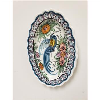 KN Skyros Greece Painted Peacock Floral Oval Scalloped Ceramic Wall Hanging