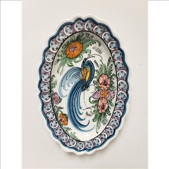 KN Skyros Greece Painted Peacock Floral Oval Scalloped Ceramic Wall Hanging