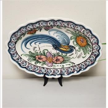 KN Skyros Greece Painted Peacock Floral Oval Scalloped Ceramic Wall Hanging