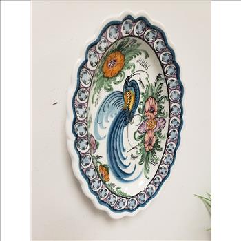 KN Skyros Greece Painted Peacock Floral Oval Scalloped Ceramic Wall Hanging