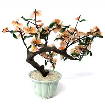 Decorative Bonsai Jade Like Tree with Glass Flowers and Leaves