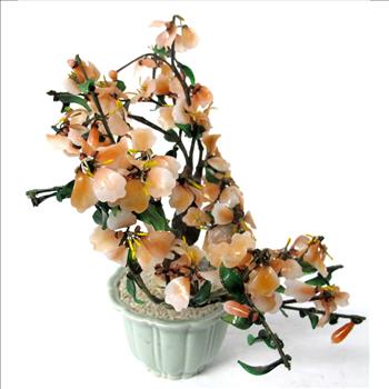 Decorative Bonsai Jade Like Tree with Glass Flowers and Leaves