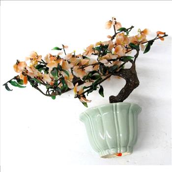 Decorative Bonsai Jade Like Tree with Glass Flowers and Leaves