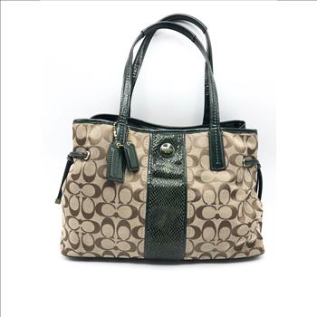 Coach Carryall #24882 Signature Stripe Python Snake Satchel Tote Khaki Green Jacquard Fabric Leather Shoulder Bag Retail $358