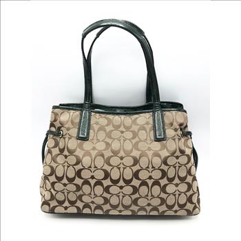 Coach Carryall #24882 Signature Stripe Python Snake Satchel Tote Khaki Green Jacquard Fabric Leather Shoulder Bag Retail $358