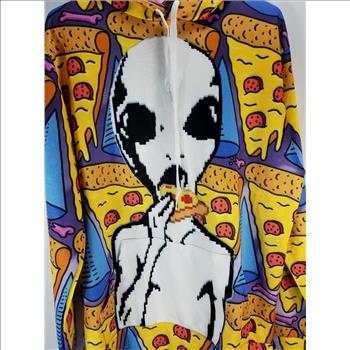 Unisex Graphic 3D Alien Eating Pizza Print Long Sleeve Hoodie Sweatshirt - Size L