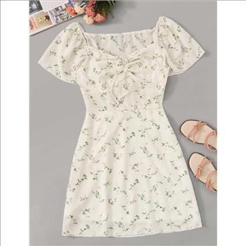 LADIES DITSY FLORAL DRAWSTRING TIE FRONT DRESS - XS