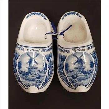 Hand Painted Holland Windmill-Tulips Farm Wood Carved White & Blue Clog Shoes